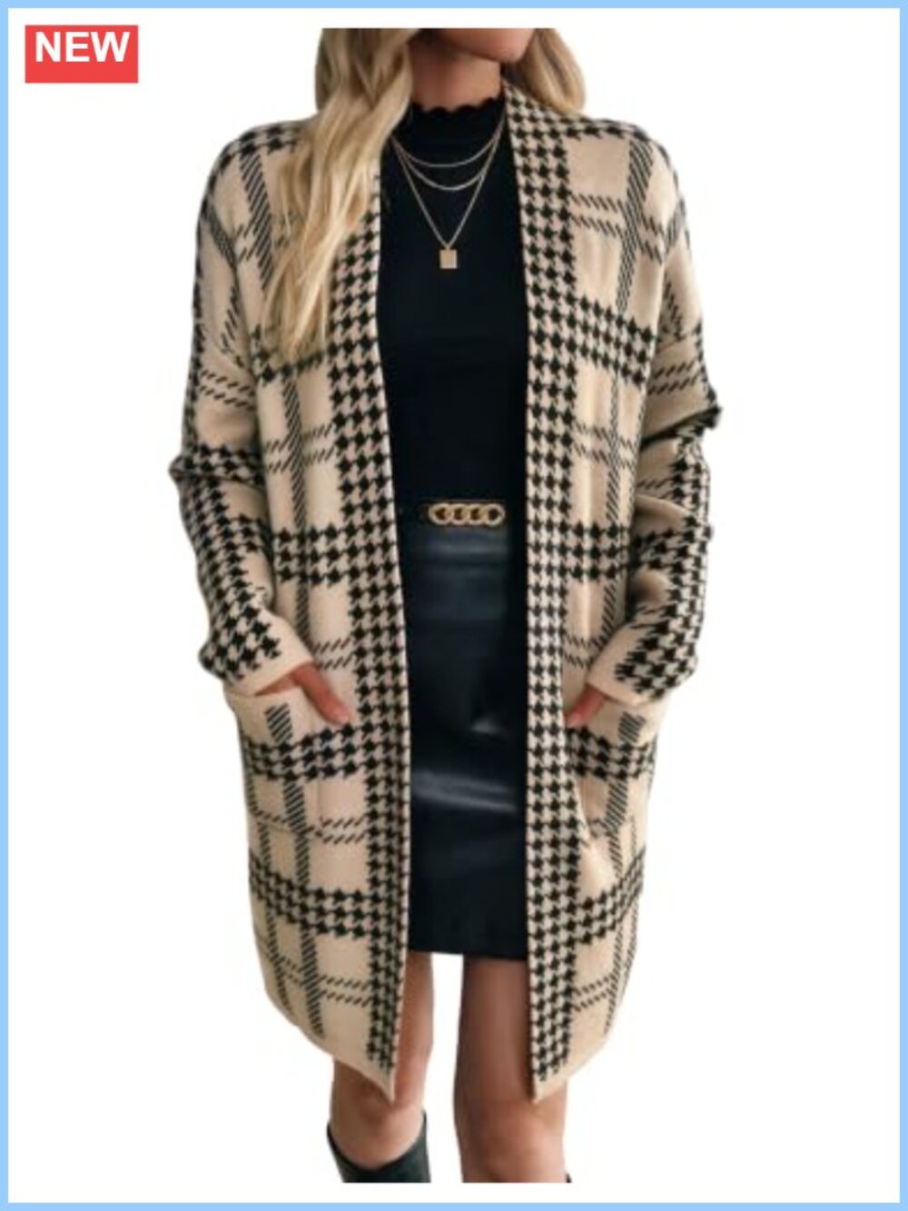 Long Open Front Cardigan Sweater Houndstooth Plaid Drop Shoulder Pockets